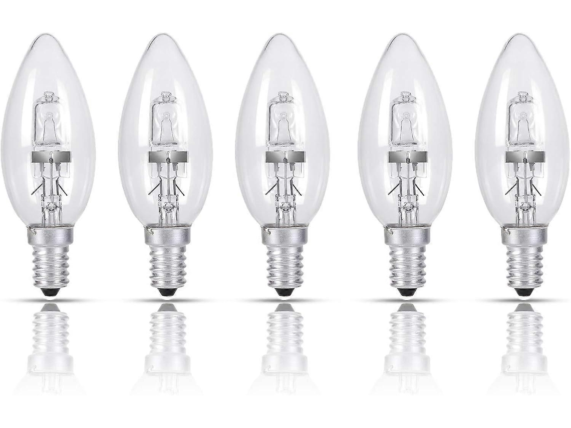 Rebe bombillas Halógeno Vela 28w, Pack 5 Ses E14, 350 Lúmenes, 230v, Luz Blanca Cálida 2800k, Regulable