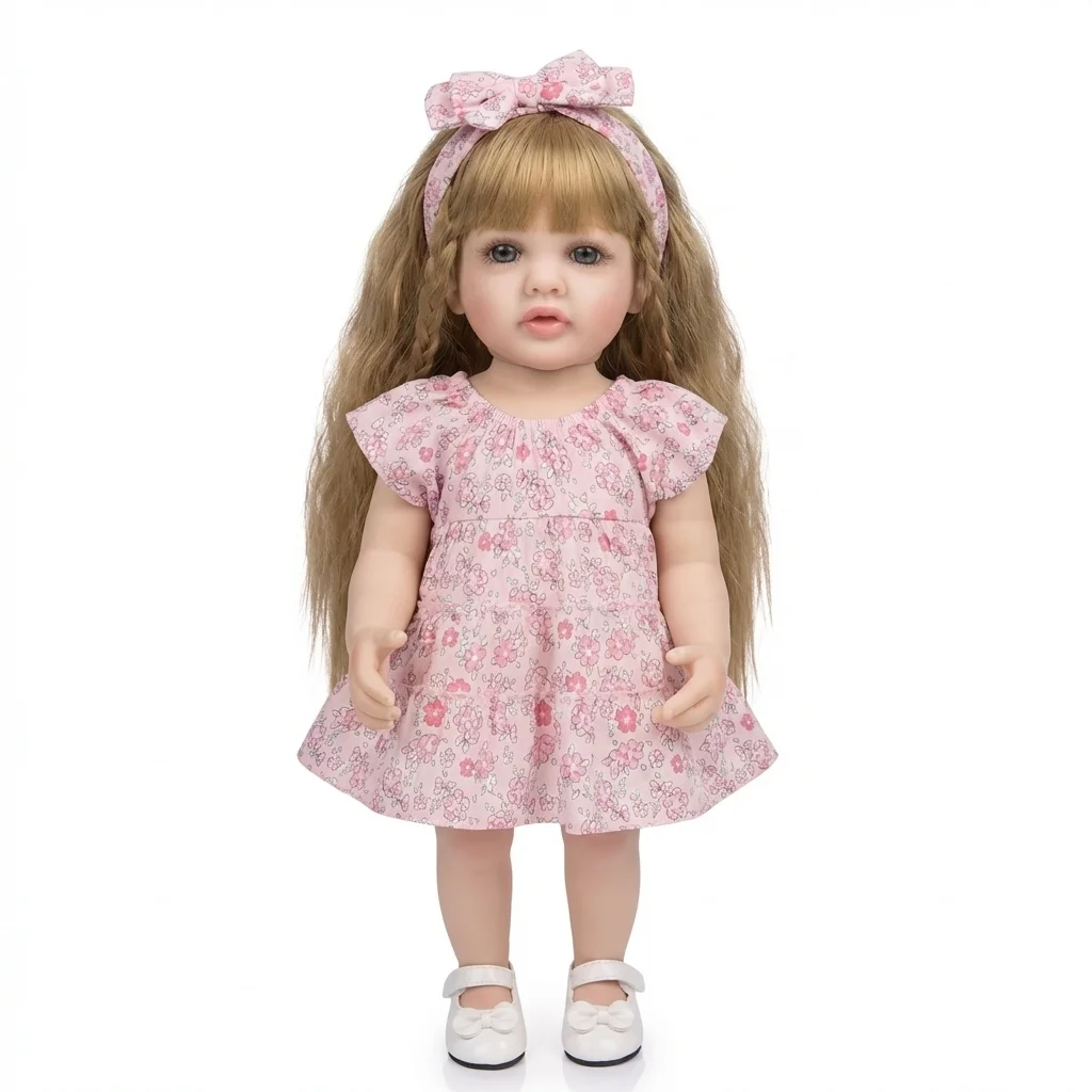 (rosa) Boneca De Vinil Macio De Corpo Inteiro De 22 Polegadas, Boneca Menina De Cabelo Castanho Claro Encaracolado