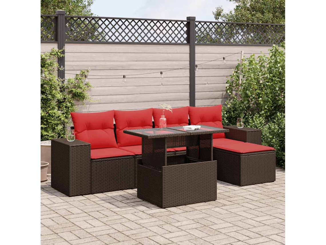 Vidaxl 6 Pcs Conj. Sofás Jardim C/ Almofadões Vime Pe/acácia Castanho