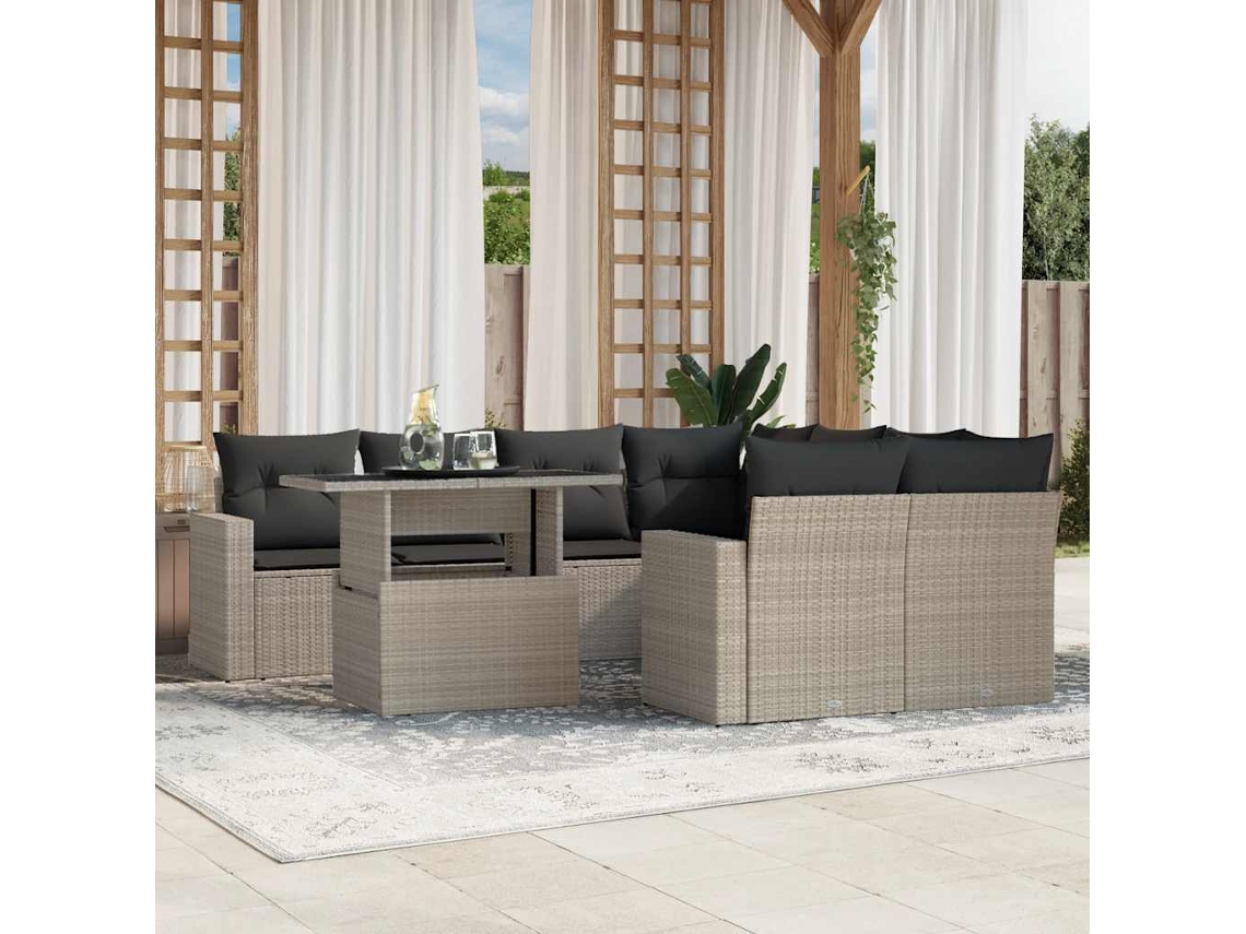 Vidaxl 9 Pcs Conj. Sofás Jardim Com Almofadões Vime Pe Cinzento-claro