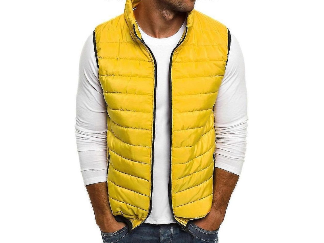 Colete De Inverno E Outono Para Homem Com Zíper Moda Cor Unica Jaqueta Sem Mangas Amarelo