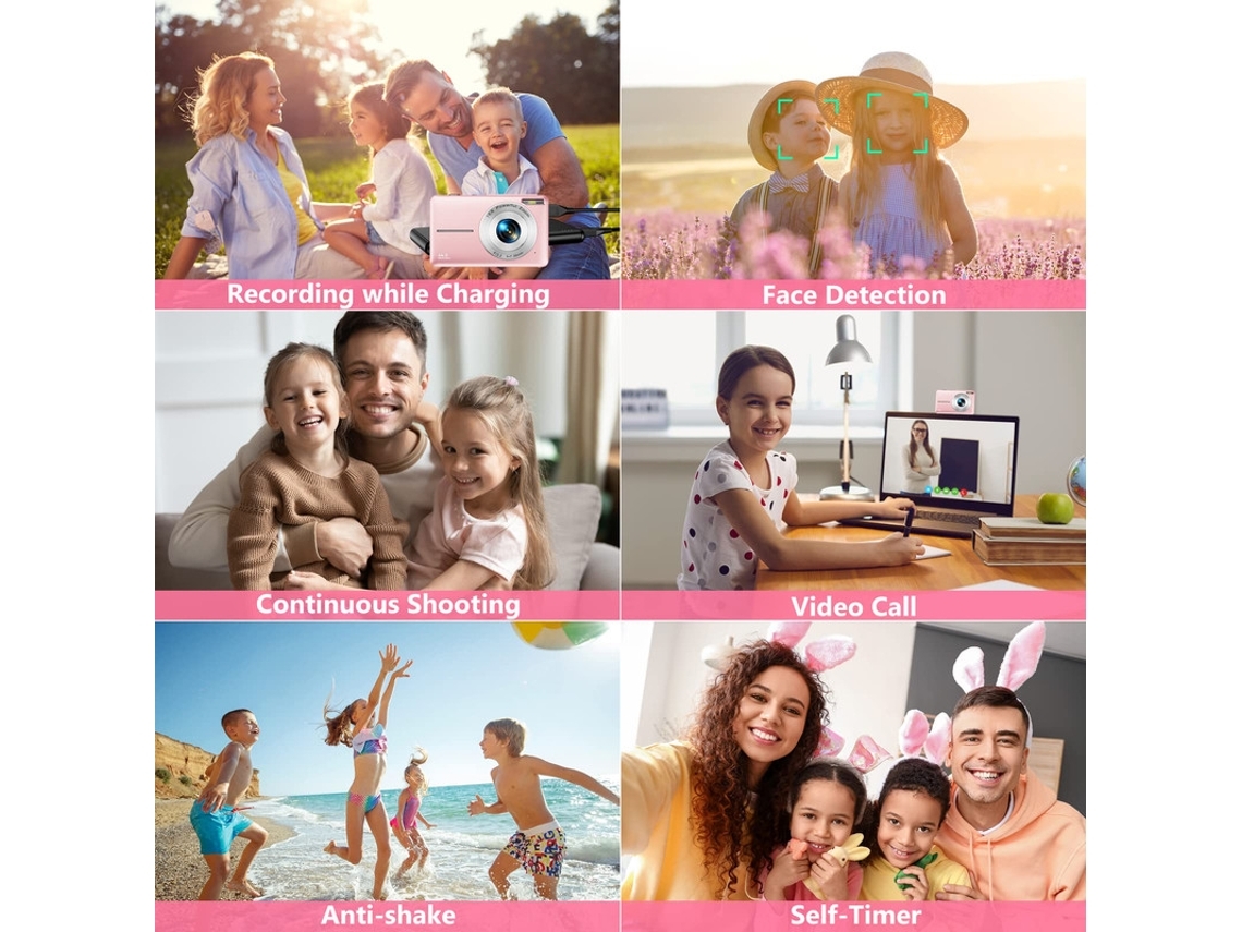 Câmera Compacta Digital VIGA EUROPE Dc403 Nível de Entrada de Crianças Presentes Câmera Fhd 44Mp Zoom 16X 2 4 Polegadas Tela 128Gb Rosa