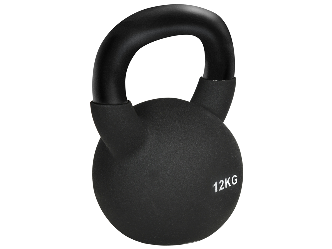 Kettlebell de ferro fundido de 12 kg com revestimento de neoprene, de chão, preto, para condicionamento físico e treinamento.