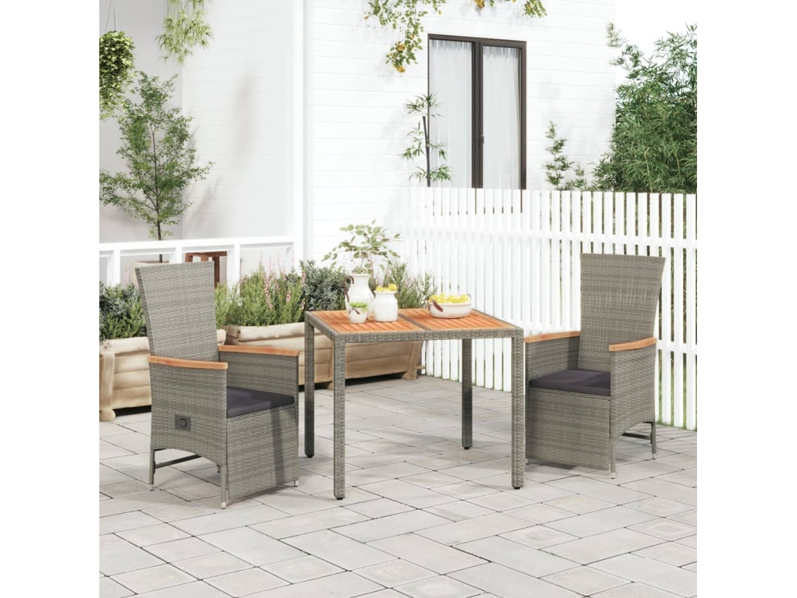 Vidaxl 3 Pcs Conjunto de Jantar P/ Jardim C/ Almofadões Vime Pe Cinza