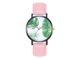 Reloj De Cuarzo Unisex Con Correa De Cuero Pu Hojas Verdes Impresión (rosa)
