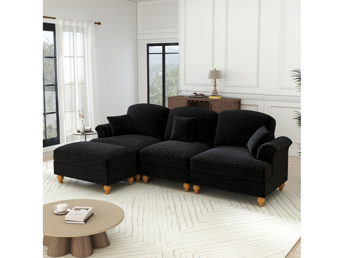 Sofá modular em L de 3 lugares MOBRIO, estilo meados do século, em chenille, com braços cônicos e pufe móvel marrom.