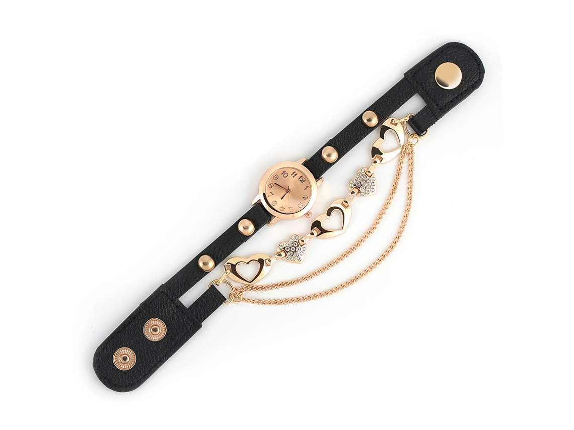 Relógio Pulseira Feminino Quartzo Liga com Strass Coração e Painel Redondo Preto