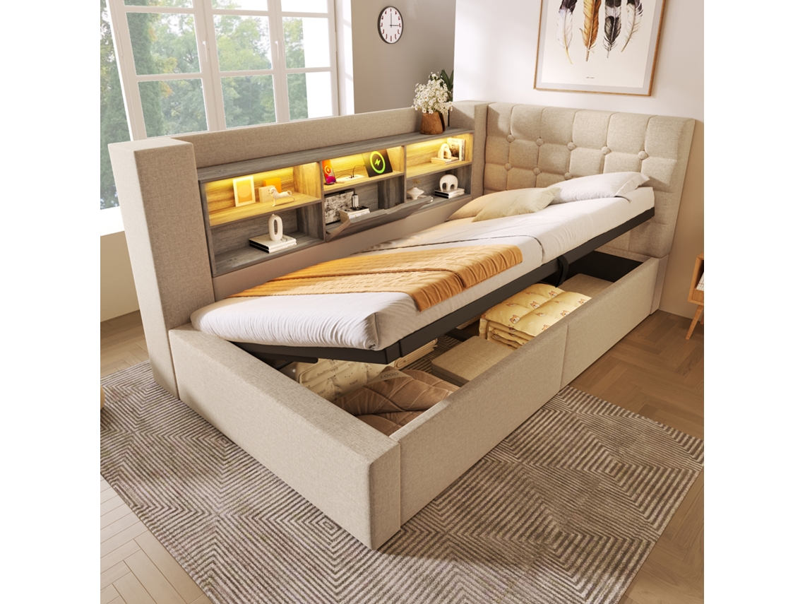Cama Estofada 90x190cm Solteiro, Led, Armazenamento Hidráulico. L Cabeceira. Linho Bege. -op