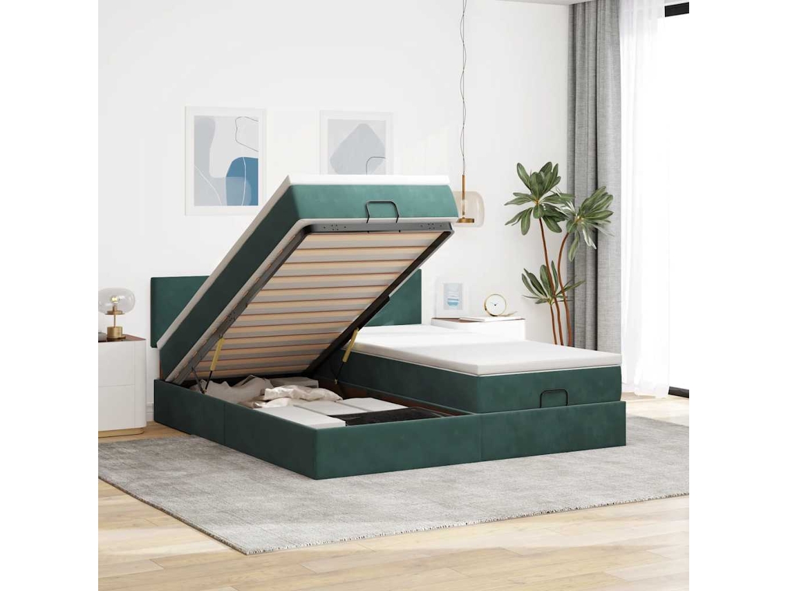 Vidaxl Estrutura de Cama Otomana com Colchão Verde Escuro Veludo