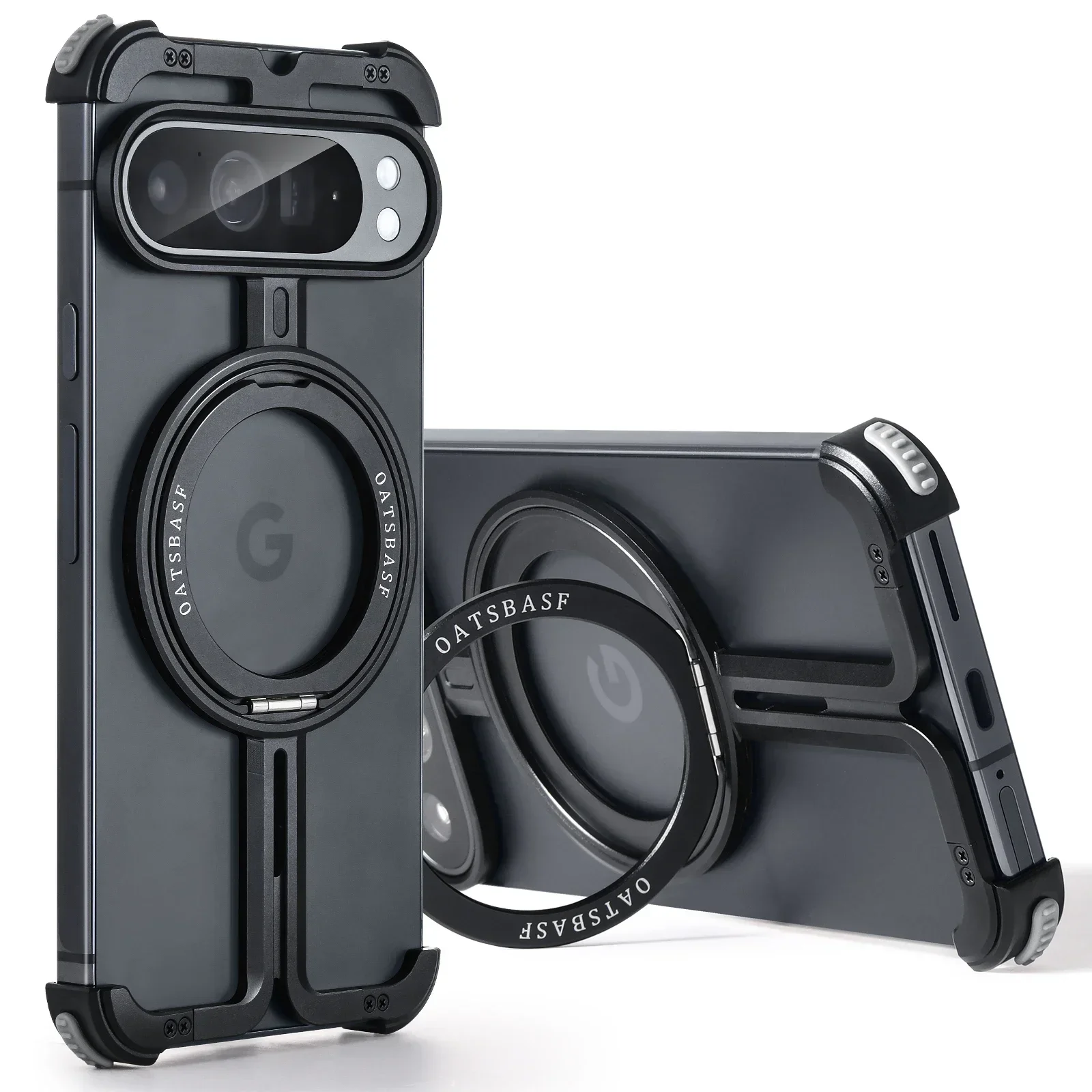 Capa Para Celular Sem Bordas (google Pixel 9 Preto) Com Suporte De Anel Magsafe E Rotação De 360°.