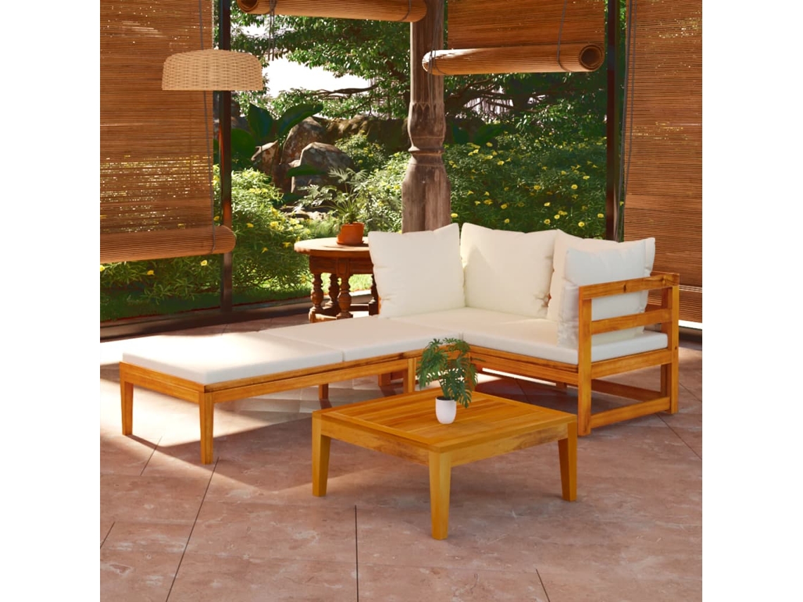 Conjunto 3 Peças Lounge De Jardim C/ Almofadões Branco Nata Acacia Dkd Home Decor
