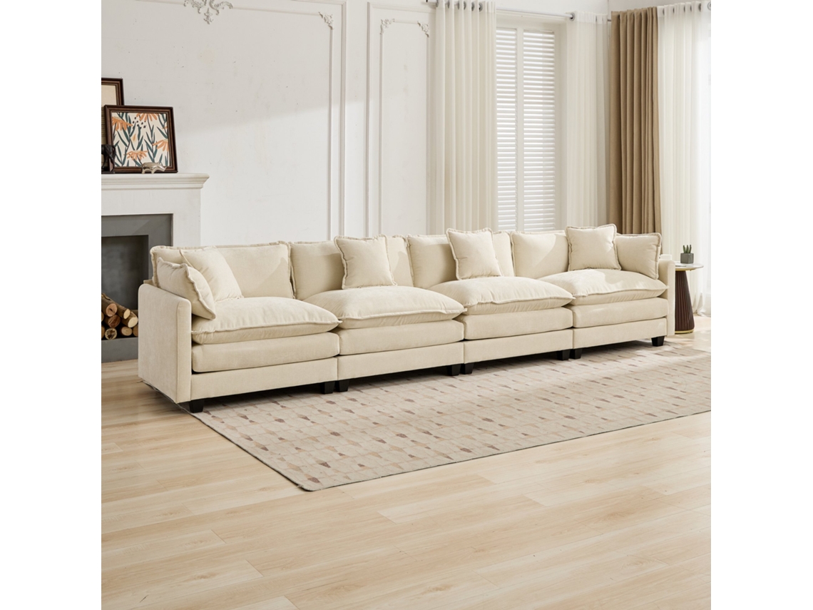 Sofá Cloud 4 Lugares Modular, Almofada Dupla, Chenille, Bege, De5014bg