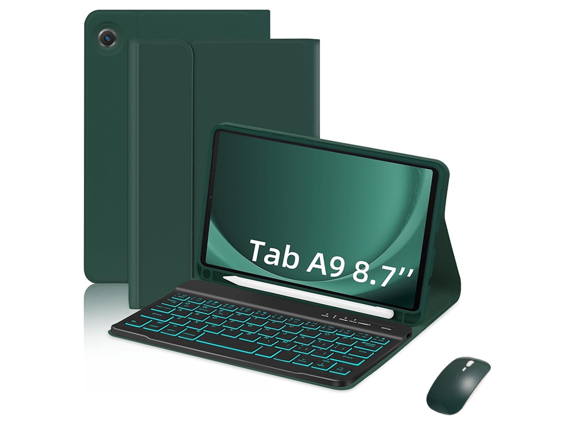 Capa de Teclado Bluetooth para Samsung Tab A9 8.7x110/115/117 Teclado Retroiluminado Colorido com Rato ,português, Verde Escuro e Preto XIAOMOYU