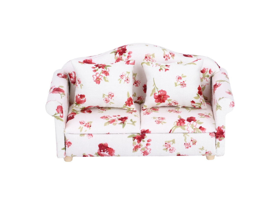 Mali sofá Duplo Mini Padrão Flor para Casa de Bonecas em Escala 1/12 (1)