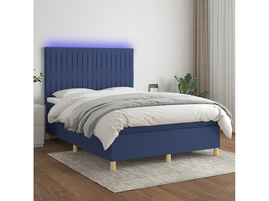 Vidaxl Cama Box Spring C/ Colchão E Led 140x190 Cm Tecido Azul