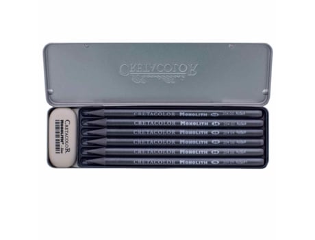 Conjunto de 6 Lápis de Desenho Monilith Grafite Puro e Borracha Caixa de Metal BREVILLIER'S CRETACOLOR