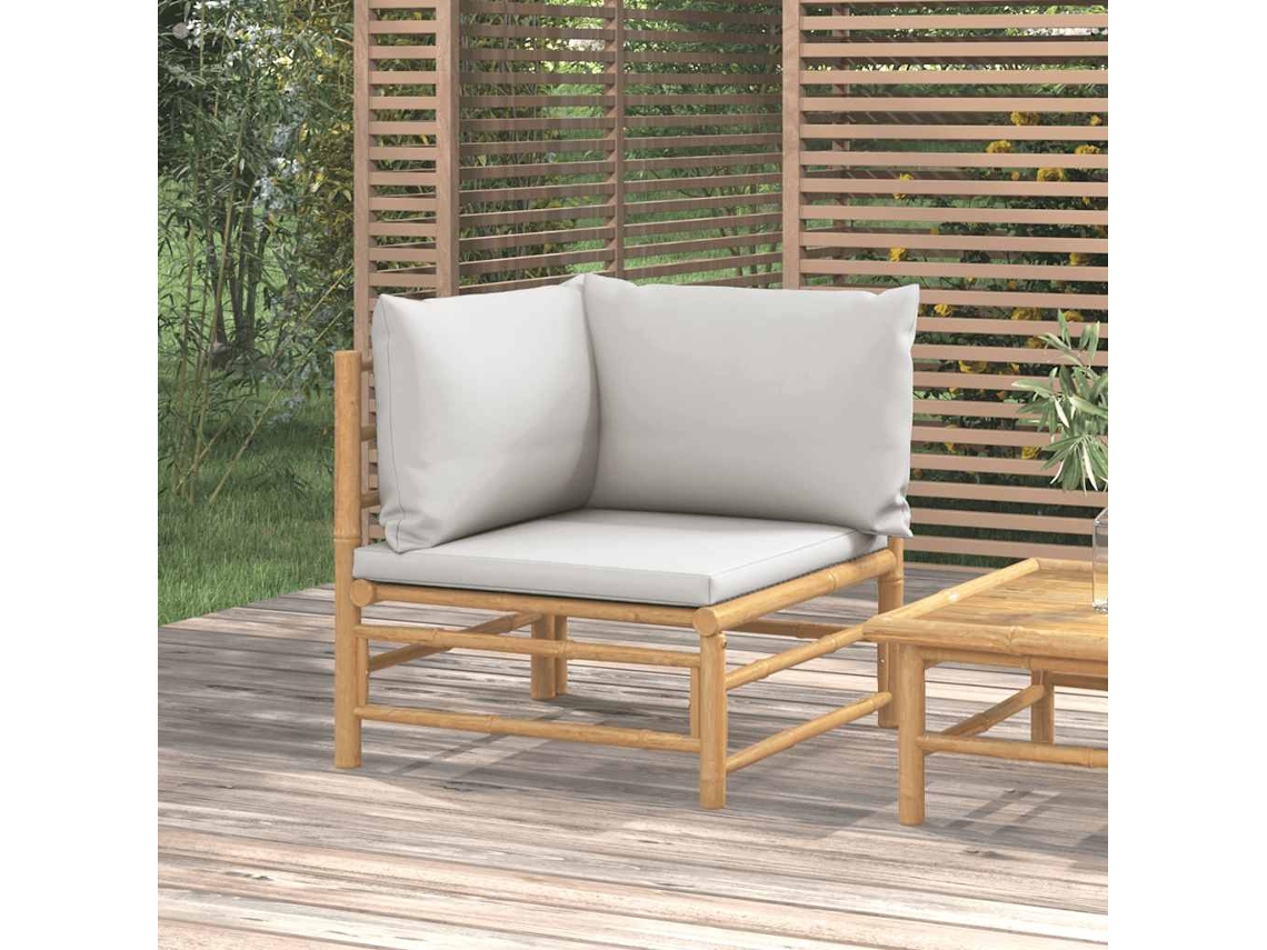 Vidaxl Sofá De Canto Para Jardim Bambu Com Almofadões Cinzento-claro