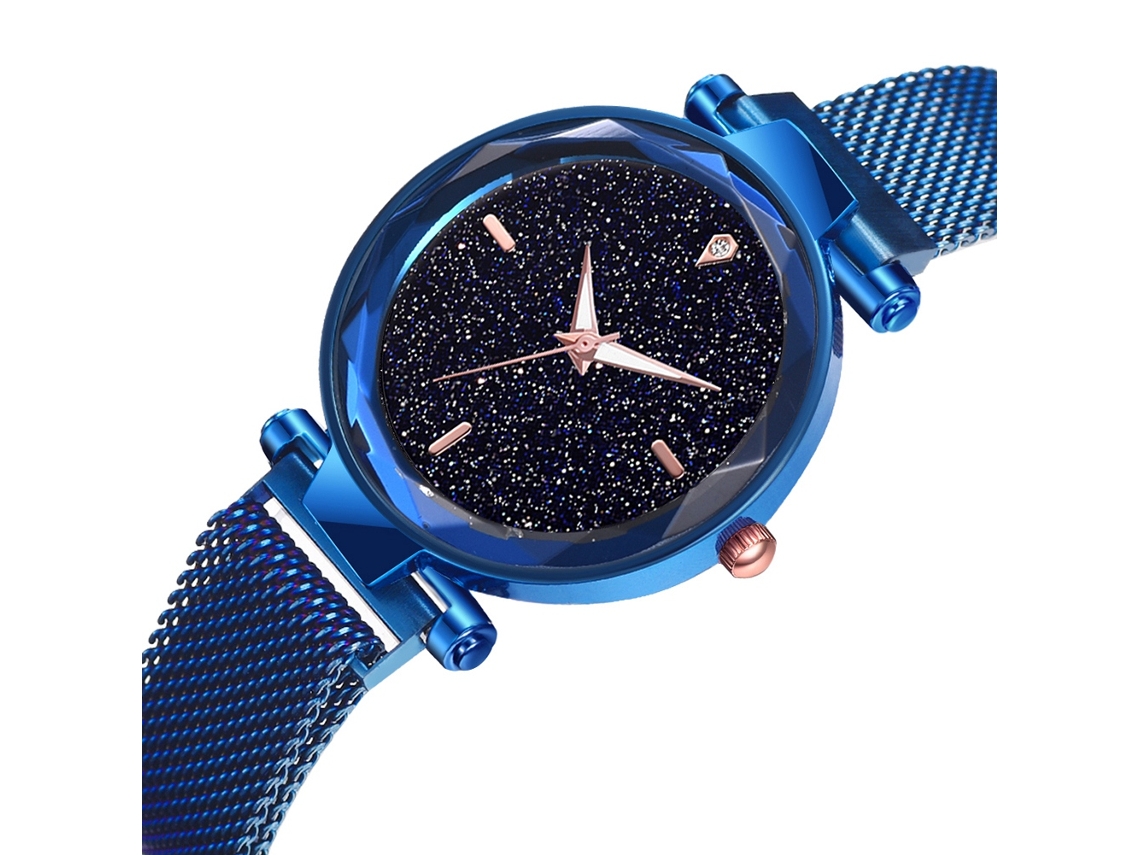 Relógio de Quartzo para Mulher com Pulseira Magnética em Liga Estilo Elegante Céu Estrelado Azul