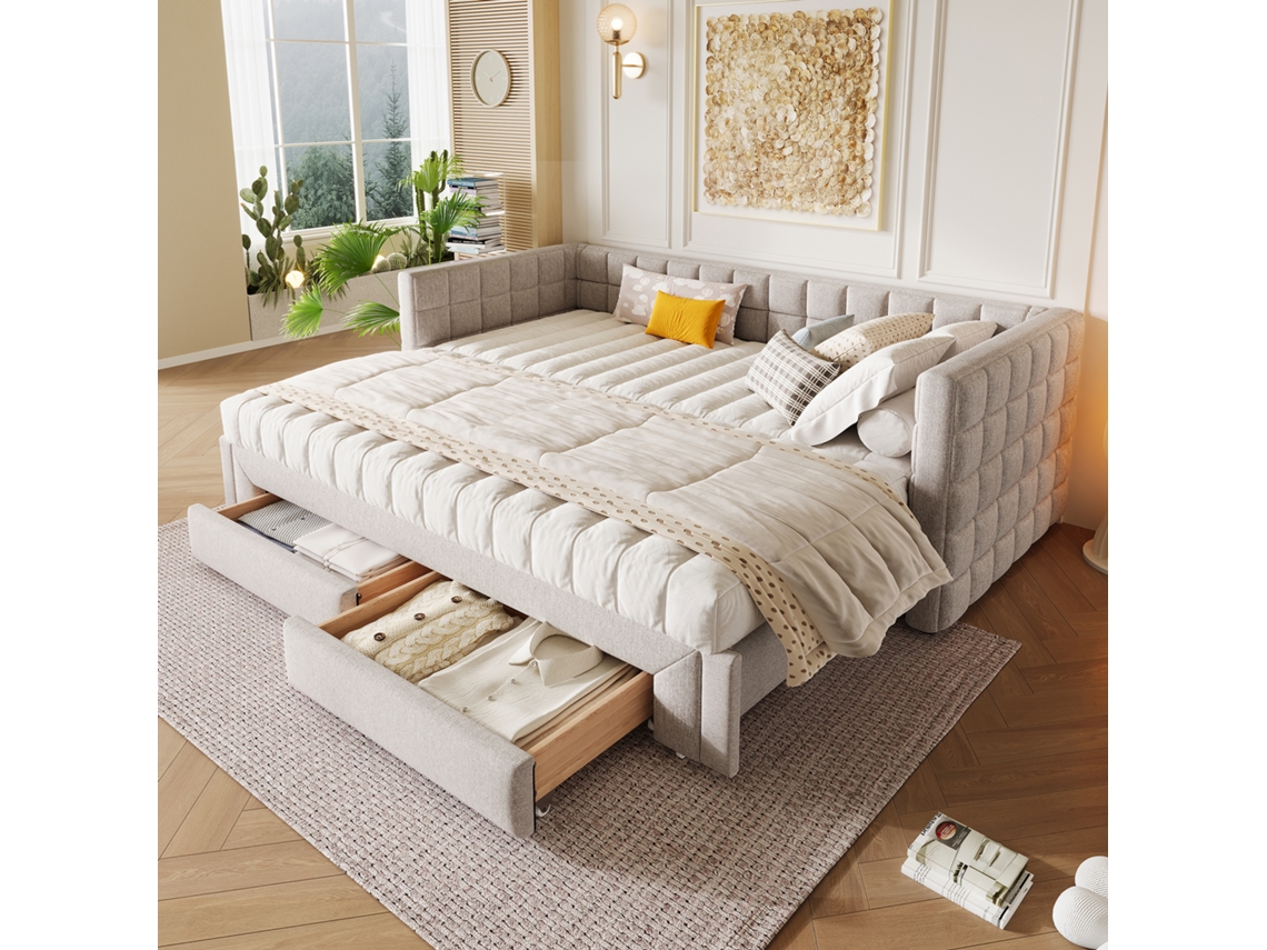 Cama de dia sofá cama com encosto quadrado, reclinável, 2 gavetas, sem colchão, bege GE | S/MARCA