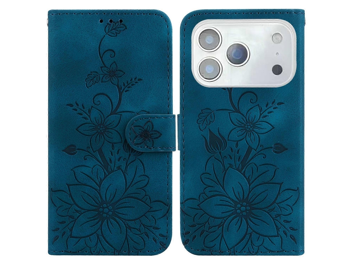 Capa Para Iphone 17 Pro Max Com Suporte, Em Couro Com Relevo De Lírio E Alça De Pulso - Cor Escura.
