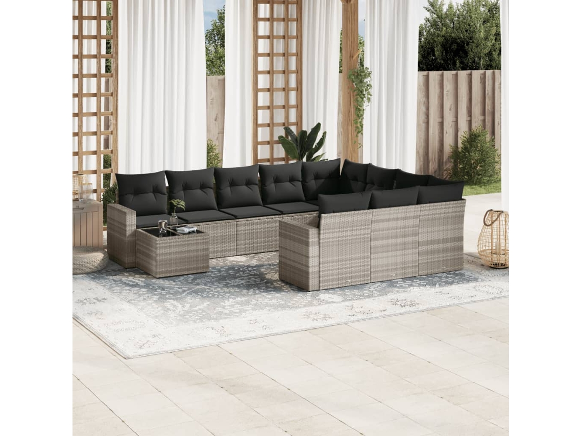 Vidaxl 11 Pcs Conjunto Sofás De Jardim C/ Almofadões Vime Pe Cinzento