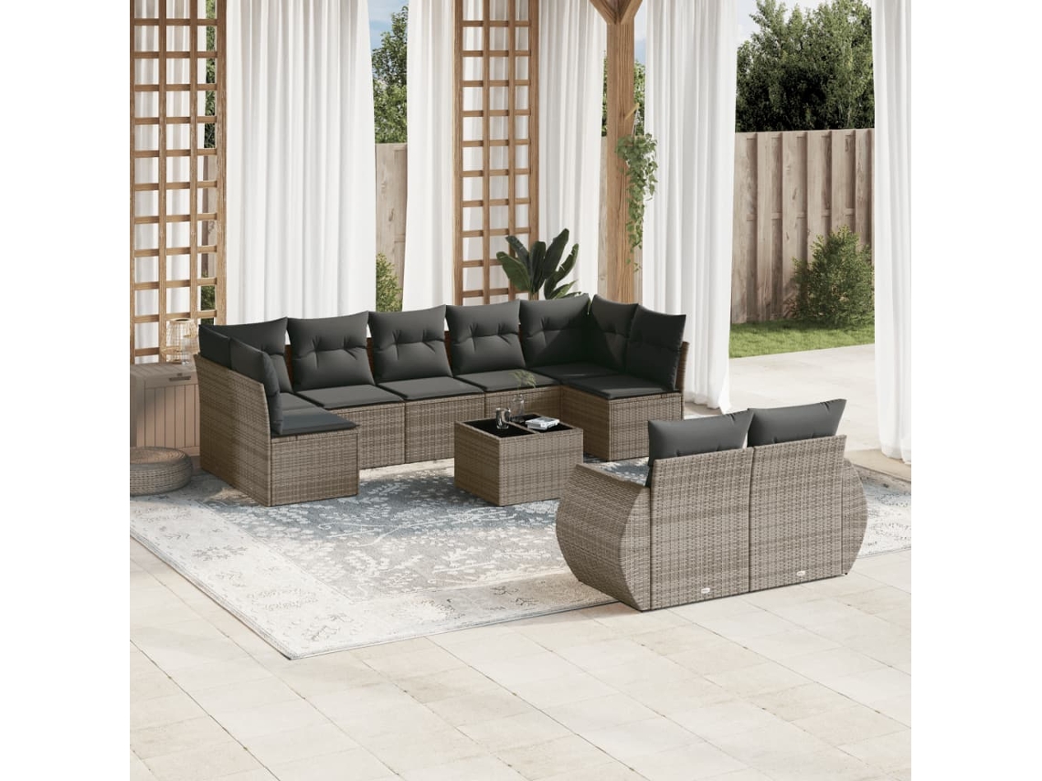Vidaxl 10 Pcs Conjunto Sofás De Jardim C/ Almofadões Vime Pe Cinzento