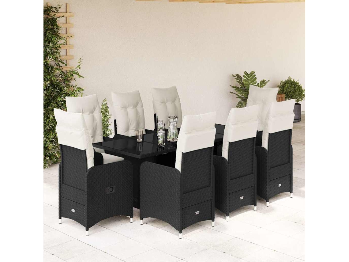 Vidaxl 9 Pcs Conjunto De Bistrô P/ Jardim C/ Almofadões Vime Pe Preto