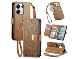 Capa Carteira De Couro Com Zíper, Estampa De Flores E Folhas, Com Alça, Para Redmi Note 13 Pro 5g.