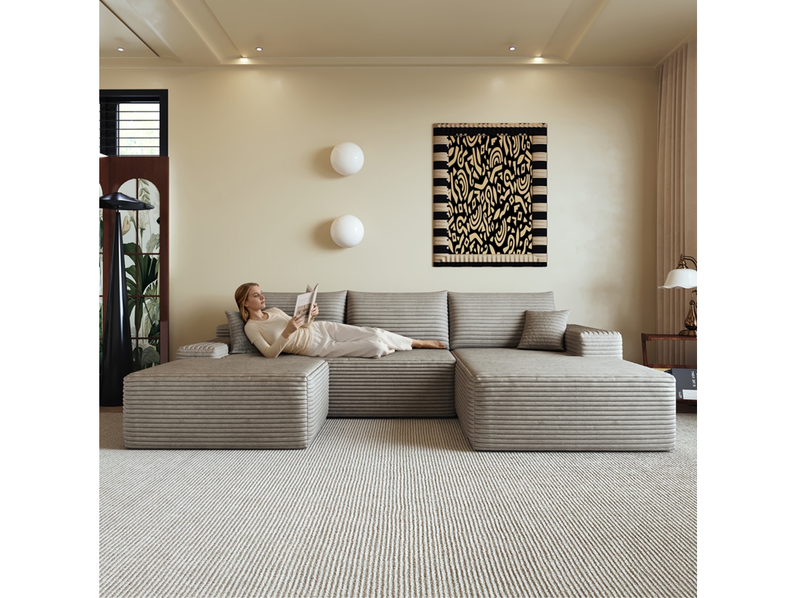Sofá De Canto L Modular 270 Cm Com Chaise Longue, Assento Profundo, Moderno, Sem Montagem, Camel