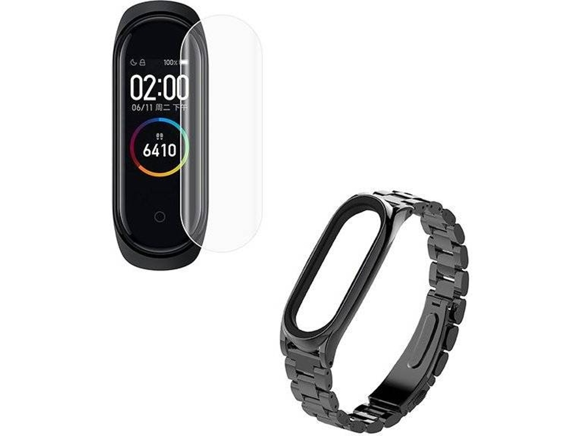 Kit Bracelete Aço Stainless Lux + Ferramenta + Película Protectora Ecrã Gel Full Cover Xiaomi Mi Band 6 Mi Smart Band 6 Preto