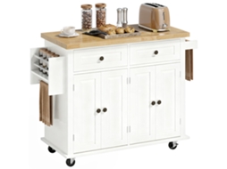 Ilha De Cozinha Com Rodas Móvel Auxiliar De Cozinha Com 2 Gavetas 4 Portas Suporte Para Temperos E Barra Lateral 111x44,5x82,5cm Branco E Madeira