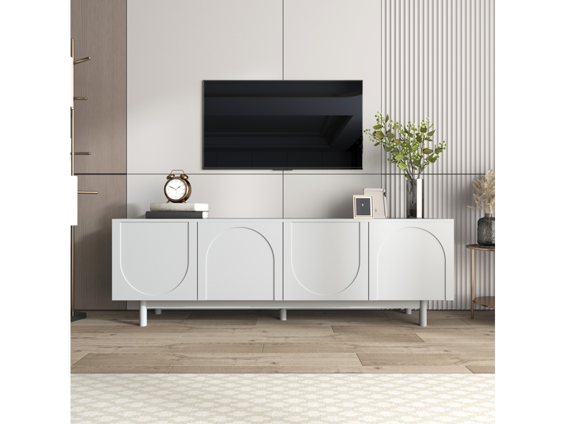Móvel de TV Mural Preto e Madeira 180x37x36 cm, Frente Brilhante, Led, Porta Basculante, 2 Portas, para Tvs até 75 polegadas KOMHTOM