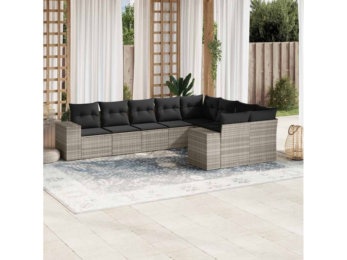 Vidaxl 9 Pcs Conj. Sofás Jardim com Almofadões Vime Pe Cinzento claro