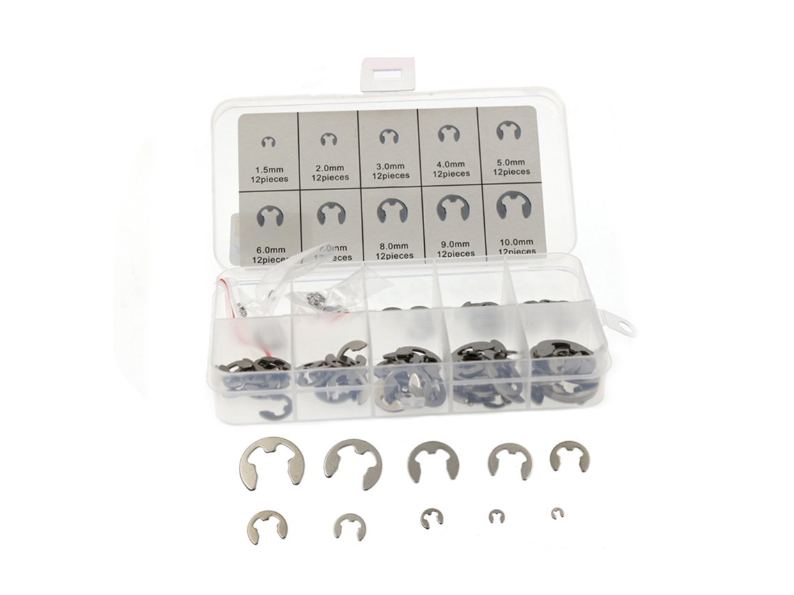 Kit com 120 peças de anéis de retenção externos tipo E em aço inoxidável 304, rosca M1.5-10