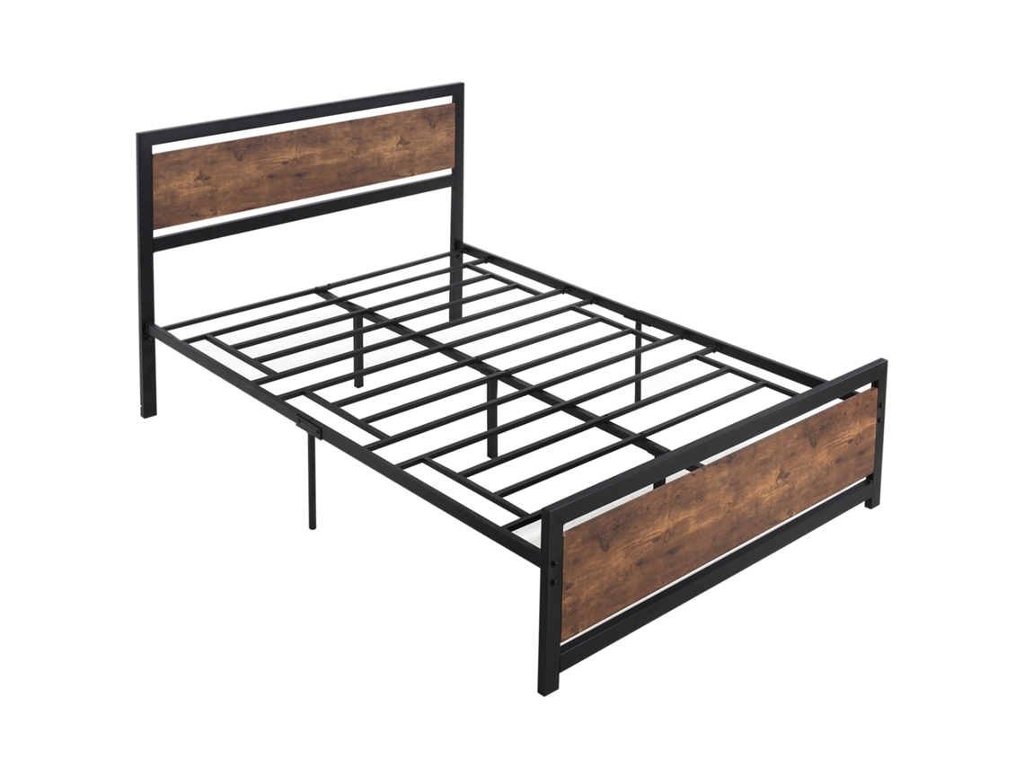 Estrutura De Cama De Casal Em Aço Com Estrado De Ripas E Cabeceira, Compatível Com Colchão De 190 X 140 Cm, Acabamento Em Madeira Escura.