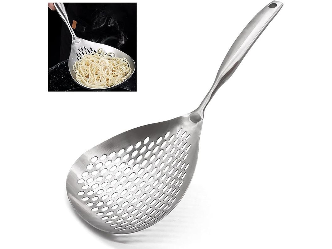 Colher escorredora Rebe em aço inoxidável 304, ideal para fritar e cozinhar, com cabo ergonômico.