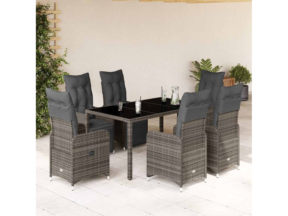 Vidaxl 7 Pcs Conjunto Bistrô De Jardim C/ Almofadões Vime Pe Cinza