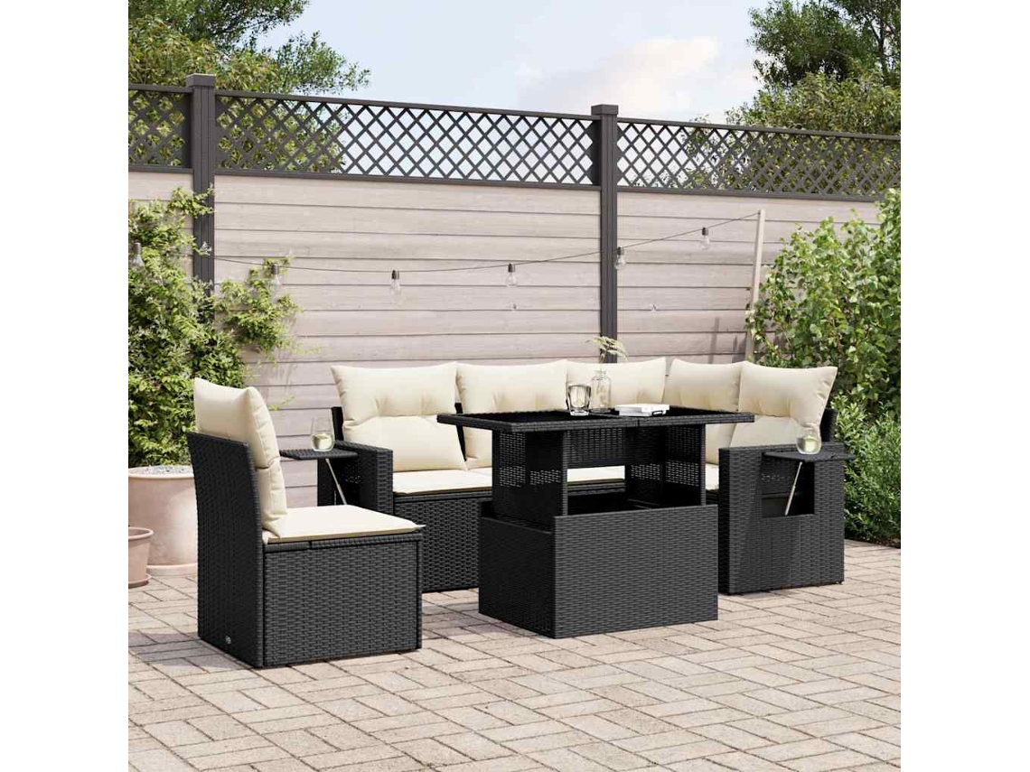 Vidaxl 6 Pcs Conjunto Sofás De Jardim C/ Almofadões Vime Pe Preto