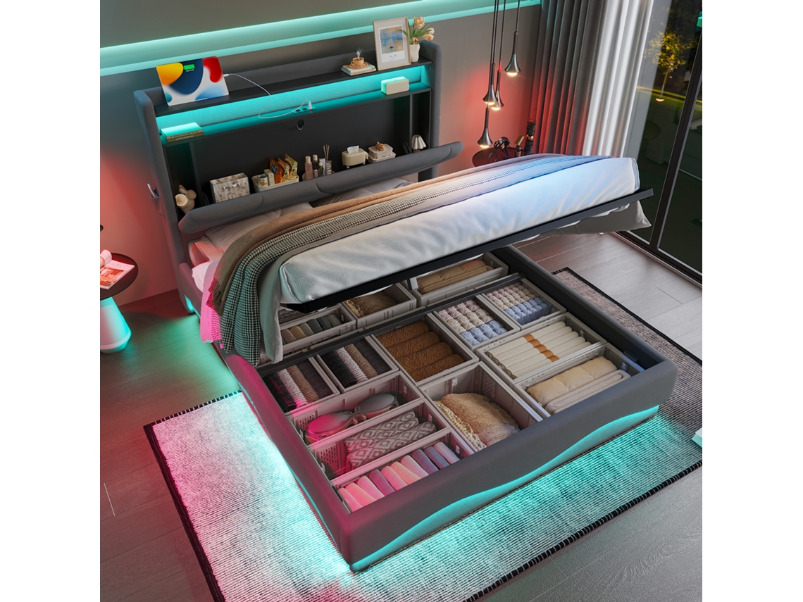 Cama Estofada 160x200 Led Arrumação Hidráulica Usb Bolsos Laterais