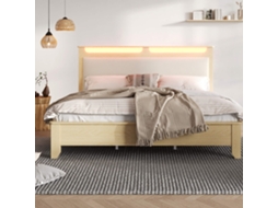 Cama De Casal 160x200 Cm Cabeceira Com Arrumação, Led, Parte Traseira Em Cordão Bege, Estrutura Em Madeira Carvalho Claro Estilo