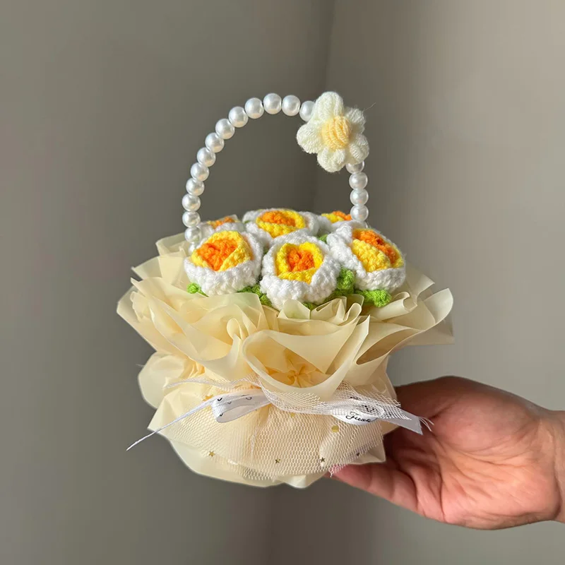 Cesta De Flores De Crochê Para Decoração, Buquê Artificial Tricotado, Presente Para O Dia Dos Namorados
