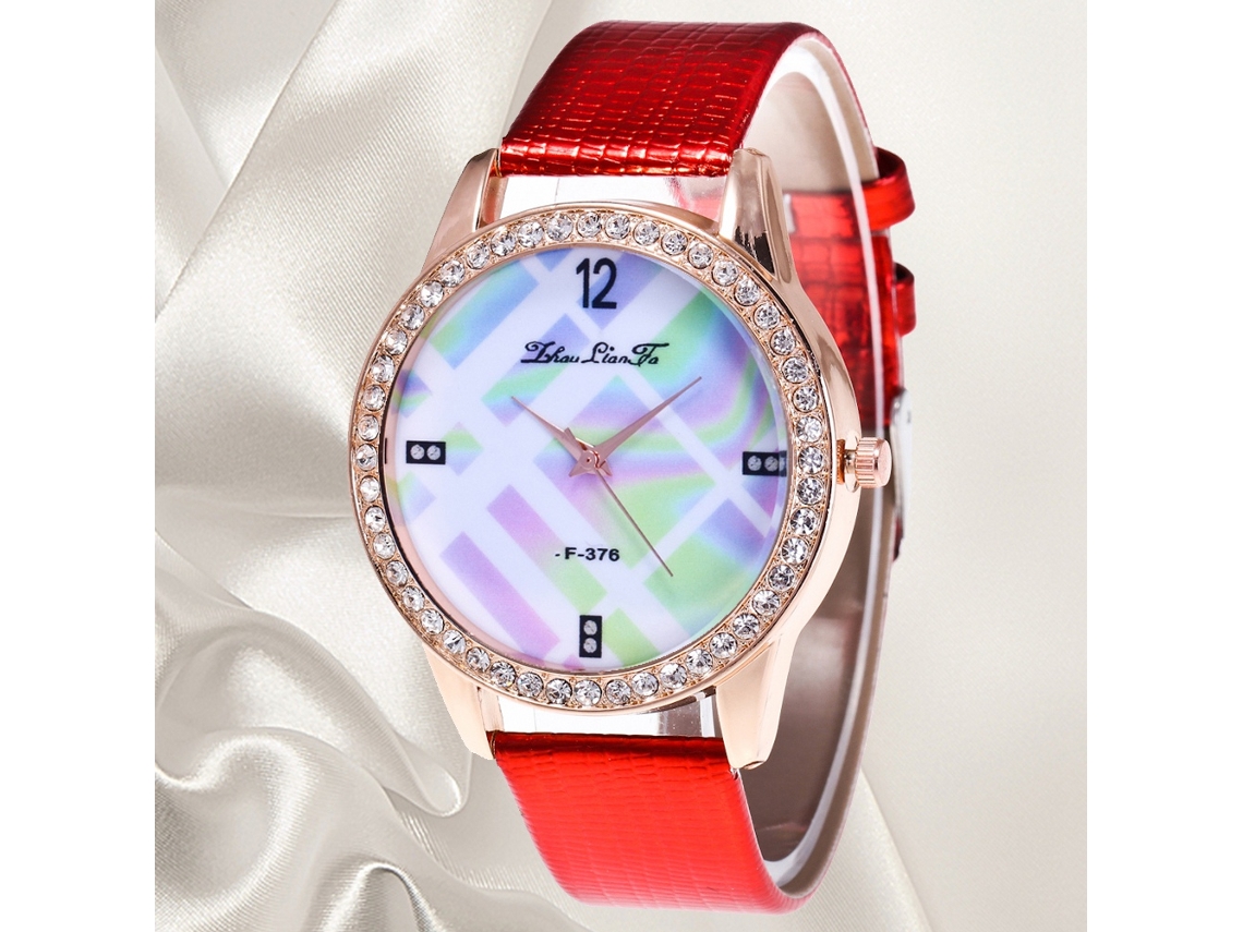 Relógio de Pulso Feminino de Moda com Pulseira Pu Mostrador Redondo Quartzo Vermelho