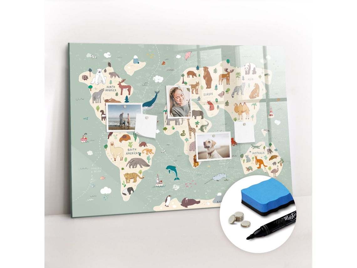 Quadro Magnético Mapa-múndi Com Animais Para A Cozinha Espelharte (100x70 Cm)