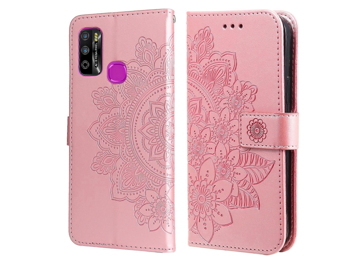 Capa De Couro Pu Com Estampa De Flores Em Relevo De 7 Pétalas Para Infinix Hot 9 Play, Com Suporte, Compartimentos Para Cartões, Carteira E Porta-retr