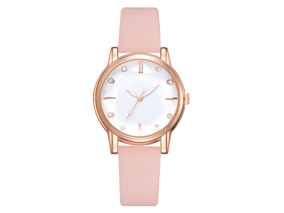 Relógio de Pulso Feminino de Quartzo Disu com Strass Pulseira de Couro Pu Rosa