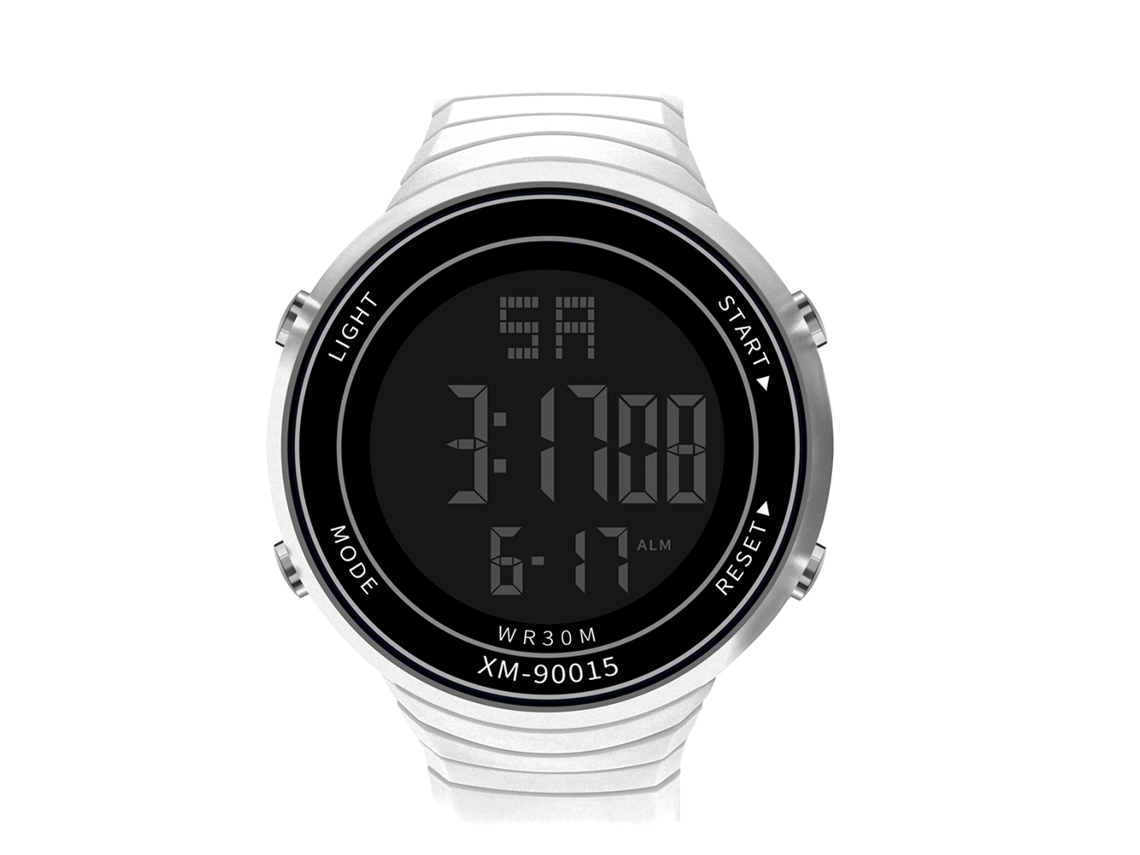 Relógio eletrônico casual, estilo digital, luminoso, à prova d'água, pulseira de PVC, branco
