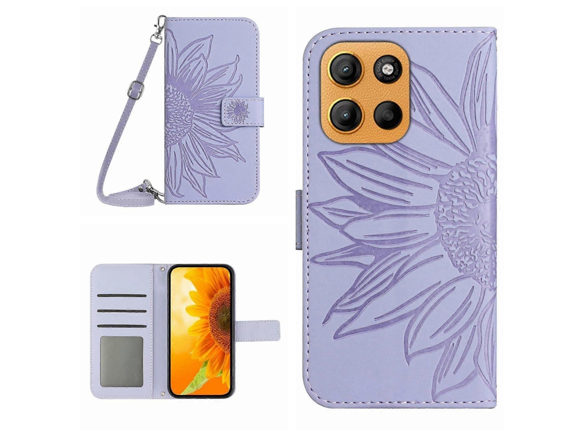 Capa De Celular Flip Em Couro Sintético Com Textura De Girassol E Cordão Para Motorola Moto G Stylus 5g 2025 Ht04.