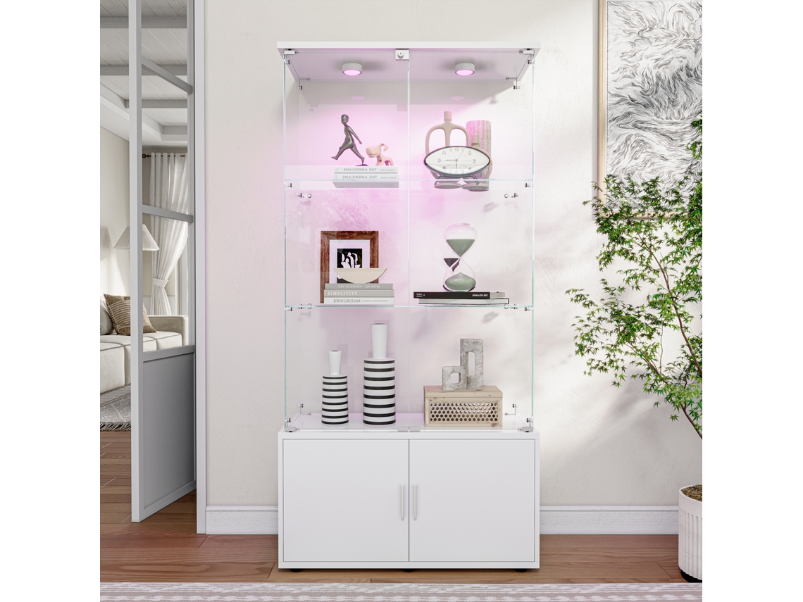 Vitrine em Vidro com Iluminação Led Embutida, Fechadura e Vidro Temperado, 3 Níveis, Ideal para Sala de Estar e Quarto, 78x35x164cm, Branca ROSAHQNDA