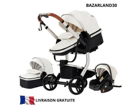 Bazarland30.carrinho 3 Em 1 Bebê Combinado Assento Auto Nacelle Trio Reversível Couro Pu Rodas À Prova De Furos Cane.branco