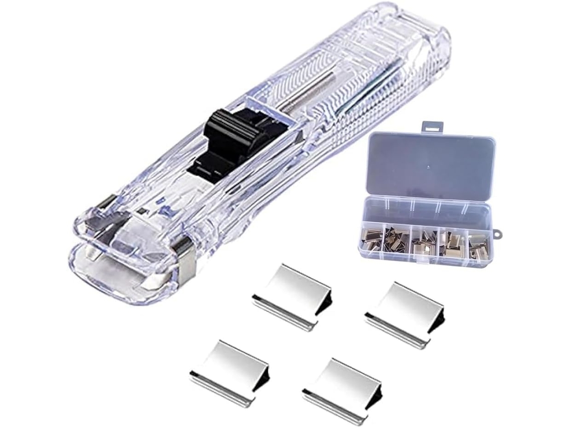 Dispensador portátil de clipes de papel, cortador de papel rápido com 50 clipes, metal dourado, documentos reutilizáveis.